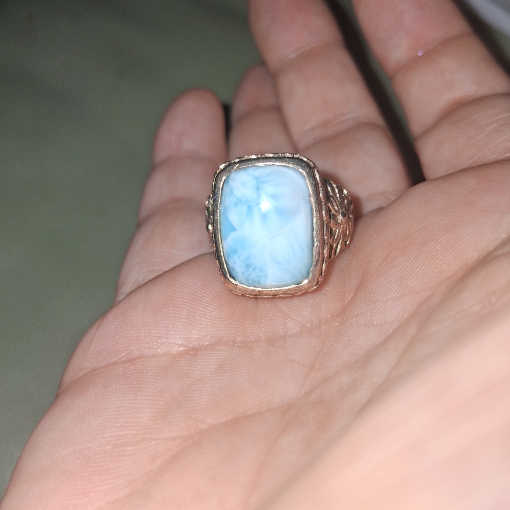 Blue  Larimar Stone Sterling Silver Gold Ring Size 7